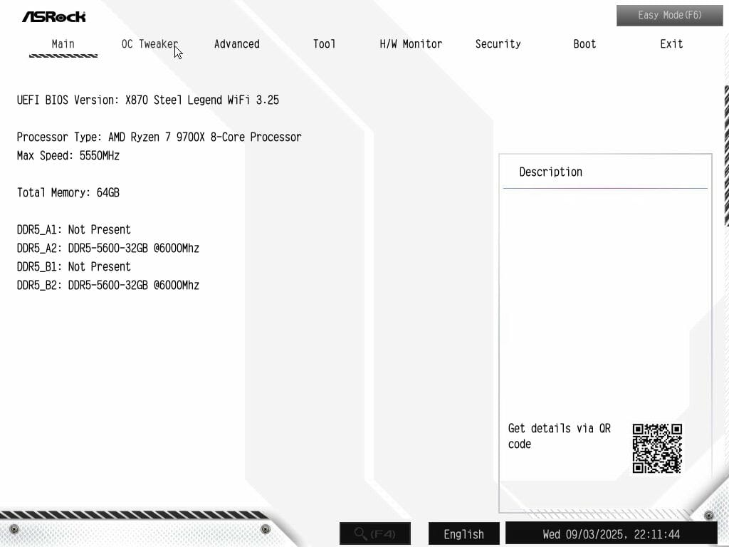 BIOS画面のメインタブ